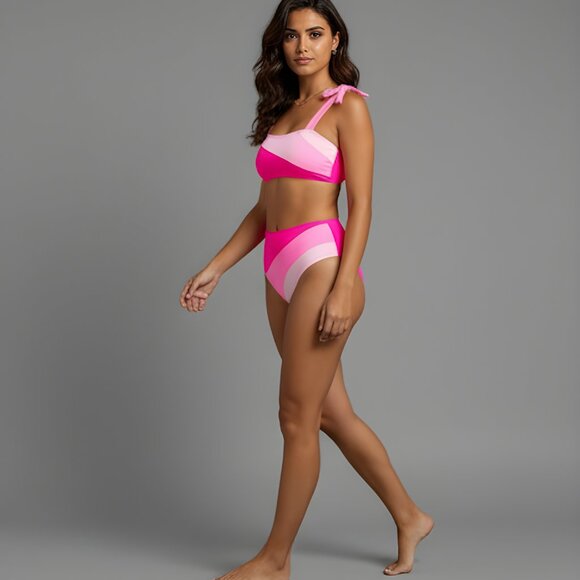 Pink Color Block Tie Shoulder Bikini Swimsuit - Picture 3 of 6
